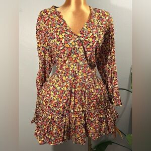 Red Multicolor Floral Long Sleeve Dress